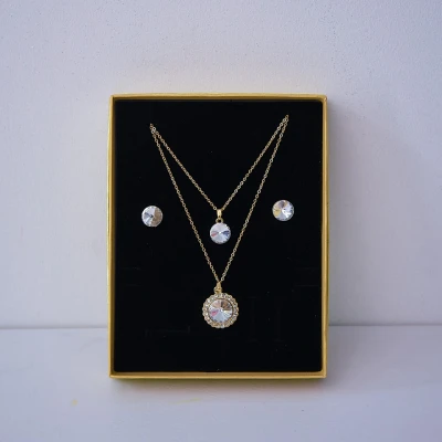 Imagine din Set accesorii Danser a Deux, din inox, cu cercei, sirag doua lanturi si pandativ pietre, in cutie eleganta, Flower Gold