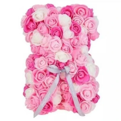 Imagine din Ursulet Floral Triple color din Trandafiri spuma in cutie cadou, 25 cm, roz pal alb (Culoare: alb)