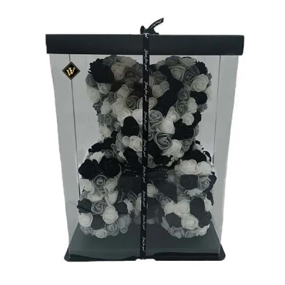 Imagine din Ursulet Floral Triple color din Trandafiri spuma in cutie cadou, 40 cm, negru alb gri (Model: Model 2, Culoare: Negru, alb, gri)