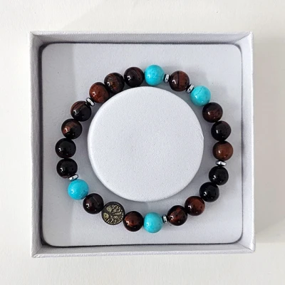 Imagine din Brățară Amethyst Red Tiger Eye &amp; Turquoise, din pietre semiprețioase si charm pomul vietii, in cutie cadou