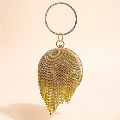 Imagine din Geanta de ocazie, Shining Sphere, cu lanturi metalice si strasuri artizanale, Auriu
