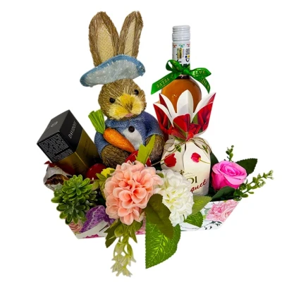 Imagine din Cos cadou de Paste, Domeniul Zoresti 750ml, Cafea Davidoff 250 gr, praline Heidi si Kinder Bueno, oua Joy, iepuras decorativ 31cm alte