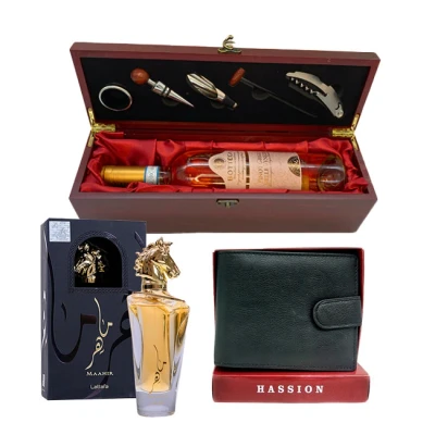 Imagine din Set cadou, Cutie din lemn cu 5 accesorii si Vin Bottega Pinot Grigio Rose DOC 750ml, parfum Lattafa Maahir portofel de piele (Culoare: rosu
