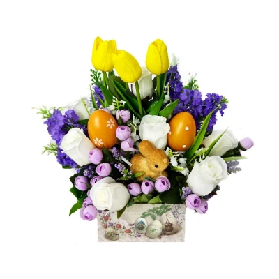 Imagine din Aranjament handmade Happy Eggs, cu plante artizanale, lalele, trandafiri, liliac, oua si iepuras, tematica Pascala, Galben