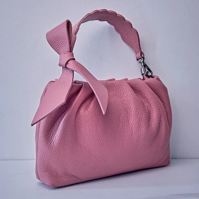 Imagine din Geanta dama, UrbanElegance, din piele naturala cu fundita decorativa si detalii hobo, Roz prafuit