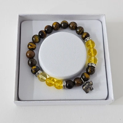 Imagine din Brățară Amethyst Tiger Eye &amp; Citrine, din pietre semiprețioase si charm elefant, in cutie cadou