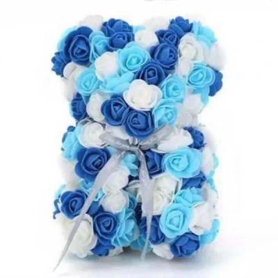 Imagine din Ursulet Floral Triple color din Trandafiri spuma in cutie cadou, 25 cm, blue albastru alb (Culoare: alb)