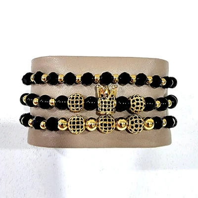 Imagine din Set Prince, trei bratari unisex, cu bile din inox, cristale zirconiu si pietre artizanale, Negru/Auriu (Tip: Bratari)