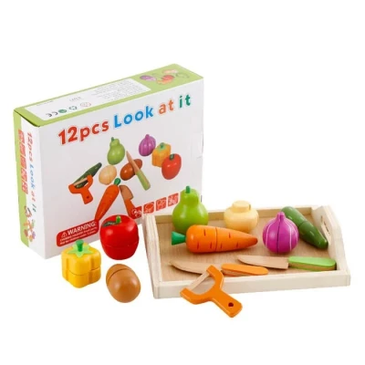 Imagine din Set Montessori 12 Piese, Tavita cu legume si fructe de taiat, din lemn