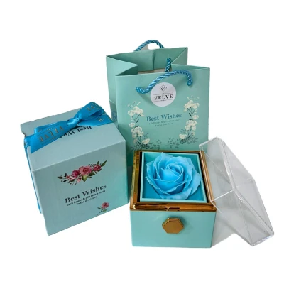 Imagine din Cutie eleganta rotativa Best Wishes, cu trandafir de sapun si inel inoxidabil, Blue