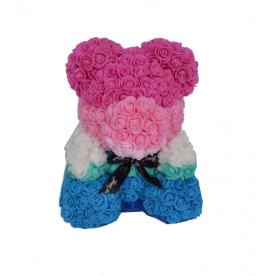 Imagine din Ursulet Floral Teddy Bear pink rainbow din Trandafiri de spuma, 40 cm, in cutie cadou (Culoare: albastru roz)