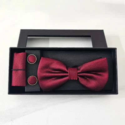 Imagine din Set 3 piese Gentleman, pentru barbati, papion, buton si batista din stofa, Bordo, GL21
