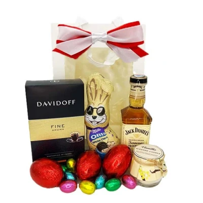 Imagine din Pachet HappyEaster, Cafea Davidoff Fine Aroma, Jack Danie’s, lumanare parfumata cu mireasma de vanilie, iepuras milka oreo si 11 ousoare ciocolata