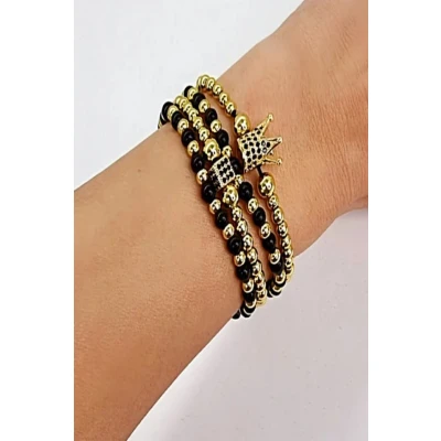 Imagine din Set Royal, patru bratari unisex, cu bile din inox, si cristale de zirconiu (Tip: Bratari)