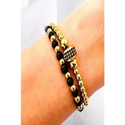 Imagine din Set Diamond, doua bratari unisex, cu bile din inox si cristale de zirconiu (Tip: Bratari)