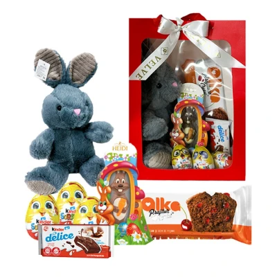 Imagine din Pachet GiftDay , Iepuras de plus gri 31cm, Prajitura Casei Alka 350g, ciocolata Heidi 45g, Kinder delice si trei oua Surprise in