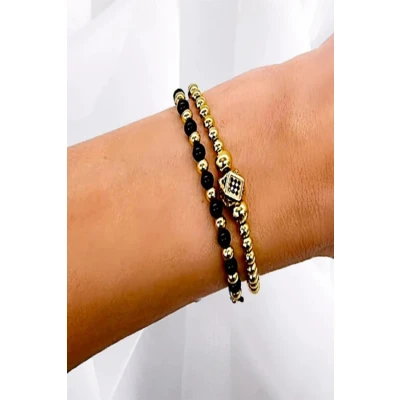 Imagine din Set Gemma, doua bratari unisex, cu bile din inox si cristale de zirconiu (Tip: Bratari)