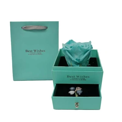 Imagine din Trandafir criogenat in cutiuta turcoaz, cu sertar si brosa, turcoaz (Culoare: Turquoise)