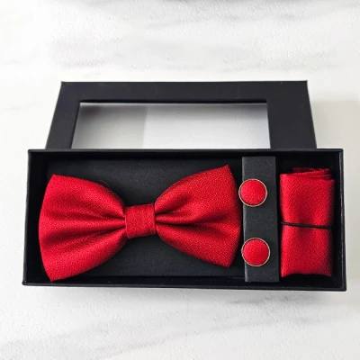Imagine din Set 3 piese Gentleman, pentru barbati, papion, buton si batista din stofa, Rosu, GL20