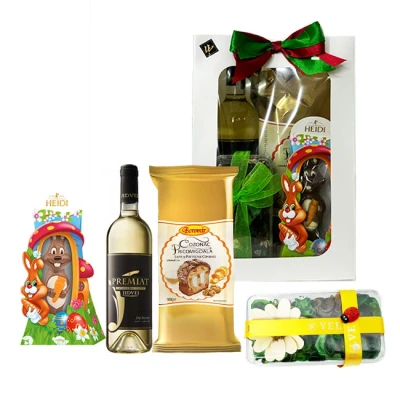 Imagine din Pachet GiftDay , Vin Jidvei Premiat sec 750ml, Cozonac Pricomigdala Boromir 500g, Iepuras de ciocolata Heidi 45g si Flori uscate/parfumate in punga