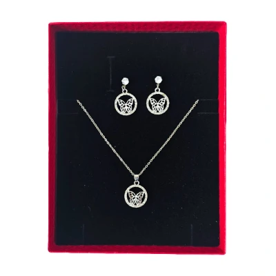 Imagine din Set accesorii Feeling, din inox, cu cercei forma fluture mic, lantisor si pandativ cristale, in cutie eleganta, Argintiu