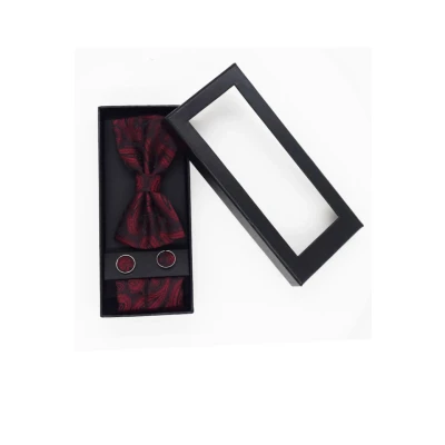 Imagine din Set 3 piese Mistery, pentru barbati, papion, buton si batista din stofa, rosu negru, MS011