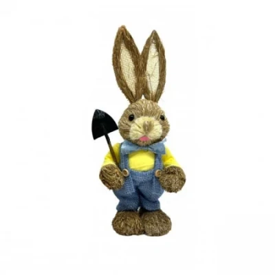 Imagine din Figurina decorativa din paie, Iepuras Yvan, cu papion si lopatica, 30 cm, Albastru/Galben