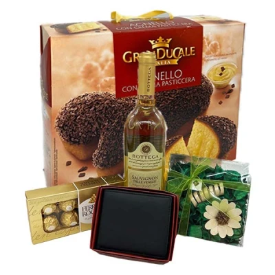 Imagine din Pachet cadou Stars barbati, Bottega Sauvignon, Panettone Granducale de 750g, 8 praline Ferrero, flori uscate si un portofel din piele naturala