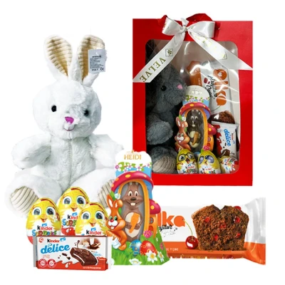 Imagine din Pachet GiftDay , Iepuras de plus alb 31cm, Prajitura Casei Alka 350g, ciocolata Heidi 45g, Kinder delice si trei oua Surprise in
