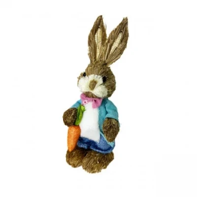 Imagine din Figurina decorativa din paie, Iepuras Ysac, cu pantaloni, sacou si papion, 22 cm, Albastru