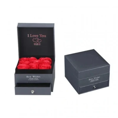 Imagine din Cutie pentru accesorii &quot;Love Wishes&quot; cu sertar, noua trandafiri de sapun, felicitare si punga cadou, Negru (Culoare: negru+rosu)