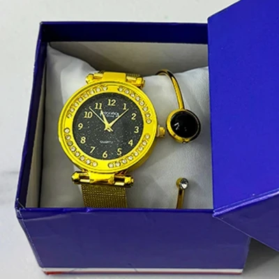 Imagine din Set ceas elegant dama Francesca di Geneva Matteo, cu bratara asortata, Gold/Negru