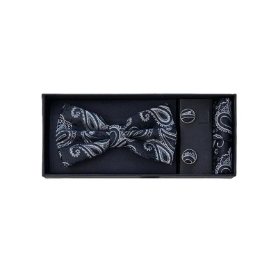 Imagine din Set 3 piese Mistery, pentru barbati, papion, butoni si batista din stofa, negru cu imprimeu alb , MS109