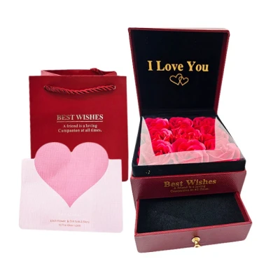 Imagine din Cutie pentru accesorii &quot;Love Wishes&quot; cu sertar, noua trandafiri de sapun, felicitare si punga cadou, Bordo